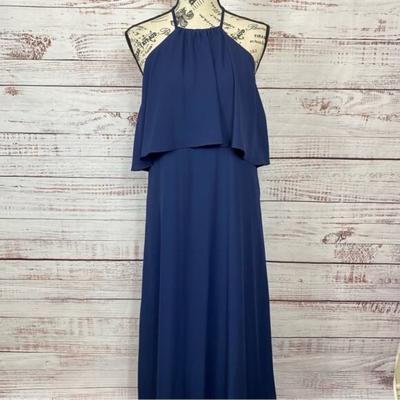 Show me your MuMU  Navy Halter Chiffon Maxi bridal size XXsmall Summer Dress‎ - Picture 2 of 10
